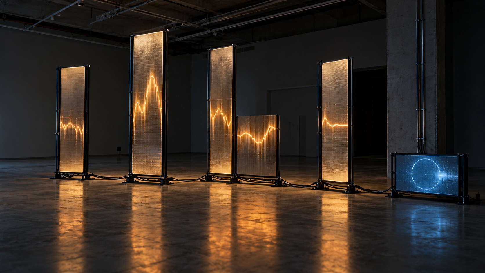Amber waveform segments cross five tall light panels in a dark gallery beside a small blue circular display.