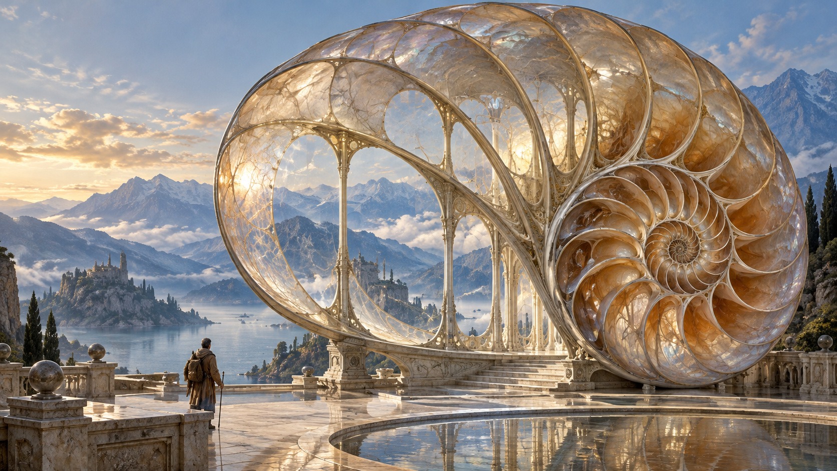 A traveler stands before a luminous shell-shaped architectural structure on a stone terrace.
