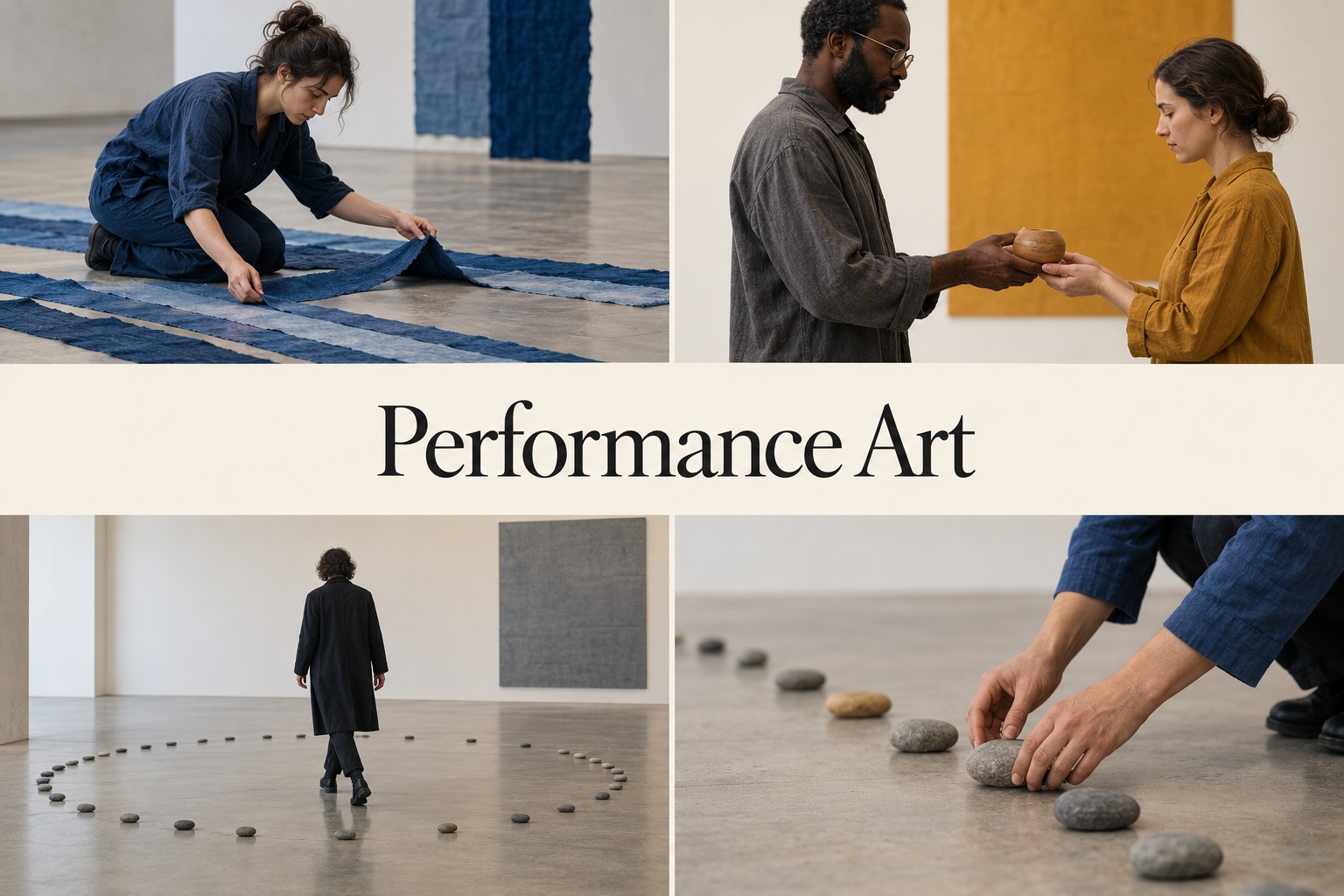 Cloth arrangement, object exchange, walking and stone placement surround the central title Performance Art.