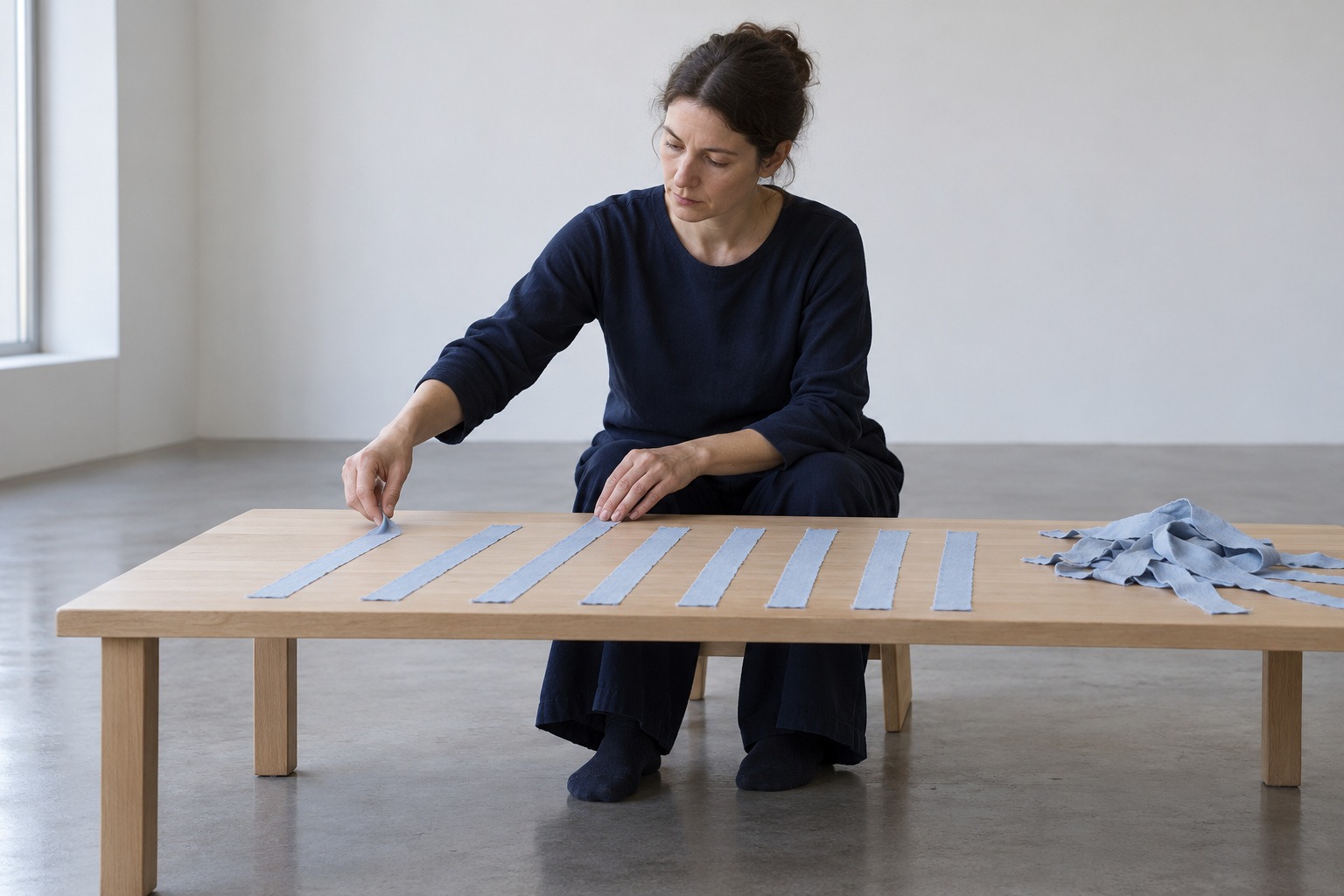 A seated adult arranges pale blue fabric strips across a low wooden table.