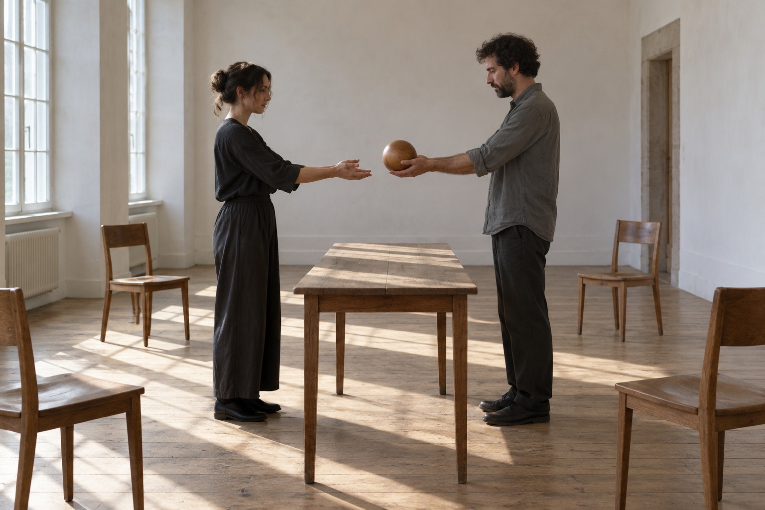 Two adults extend their hands around a wooden sphere across a table, with empty chairs nearby.