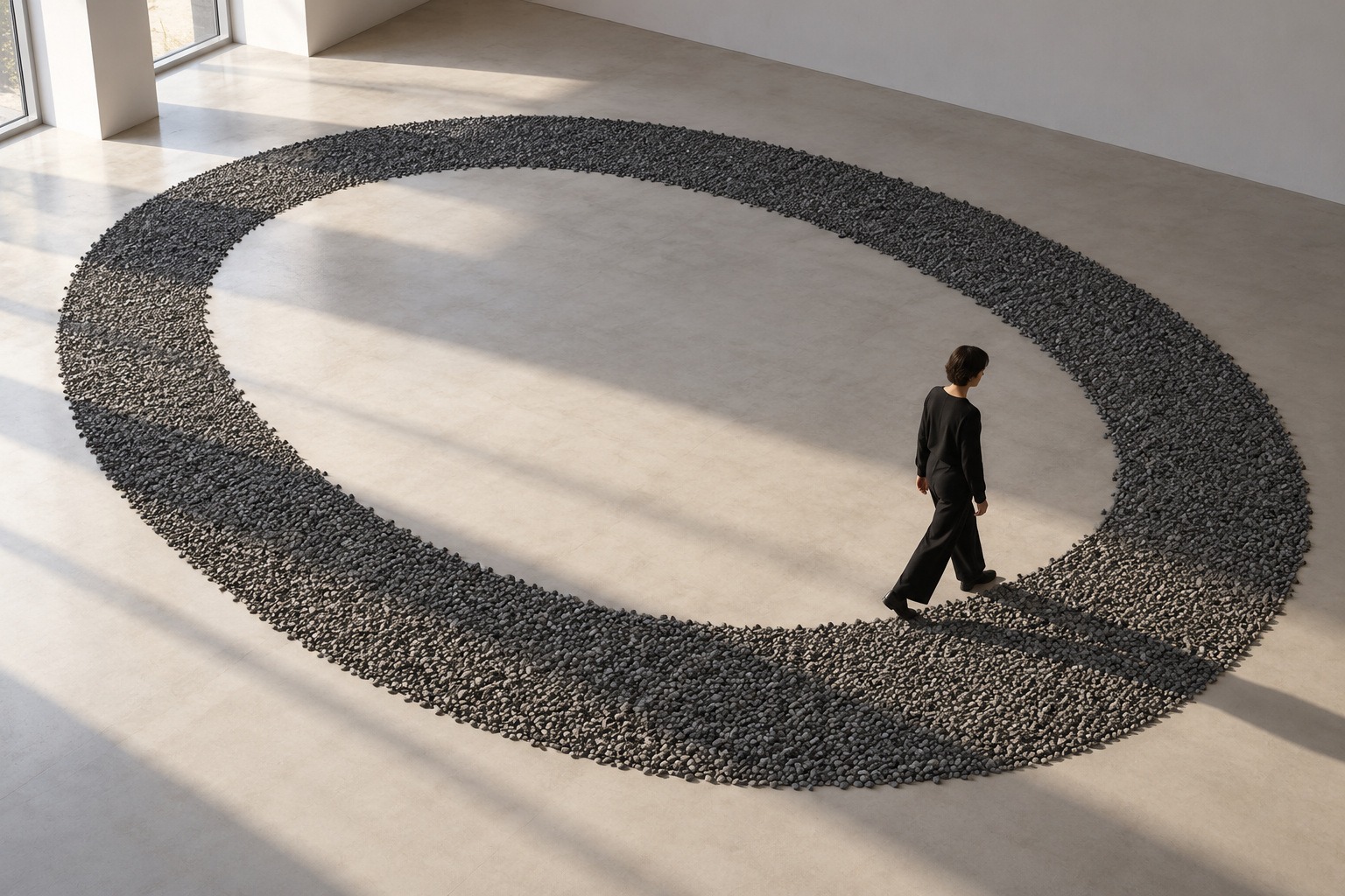 An adult walks beside an oval band of small dark stones in a bright gallery.