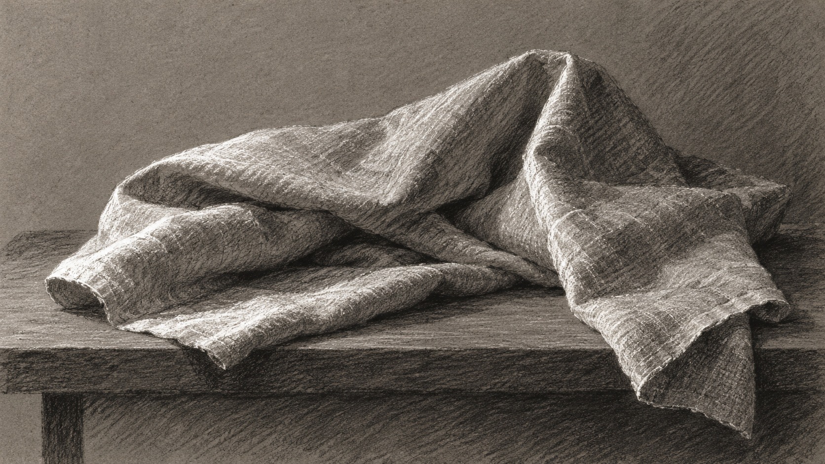 Black and white chalk-like marks describe folded pale fabric on warm gray paper.