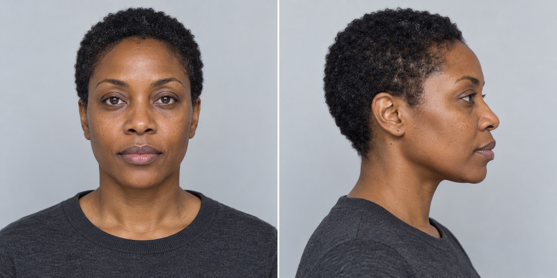 Two studio views show the same fictional adult woman facing forward and in right profile against pale gray.