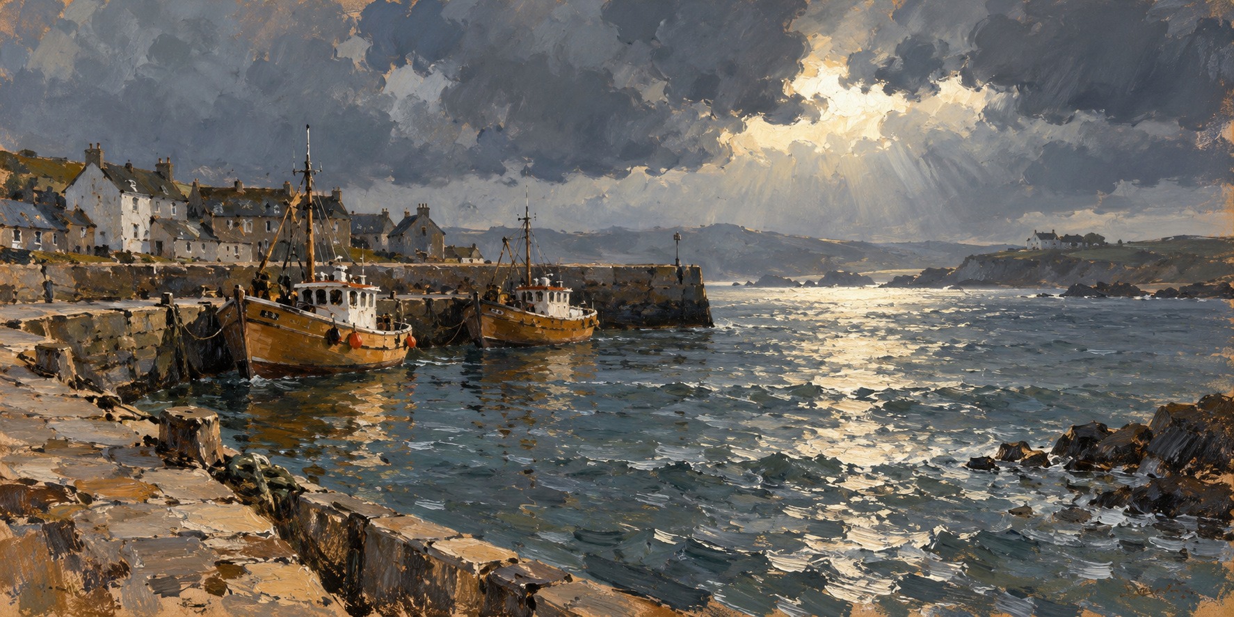 Ochre fishing boats sit beside a stone quay while a break in storm clouds illuminates the harbor water.