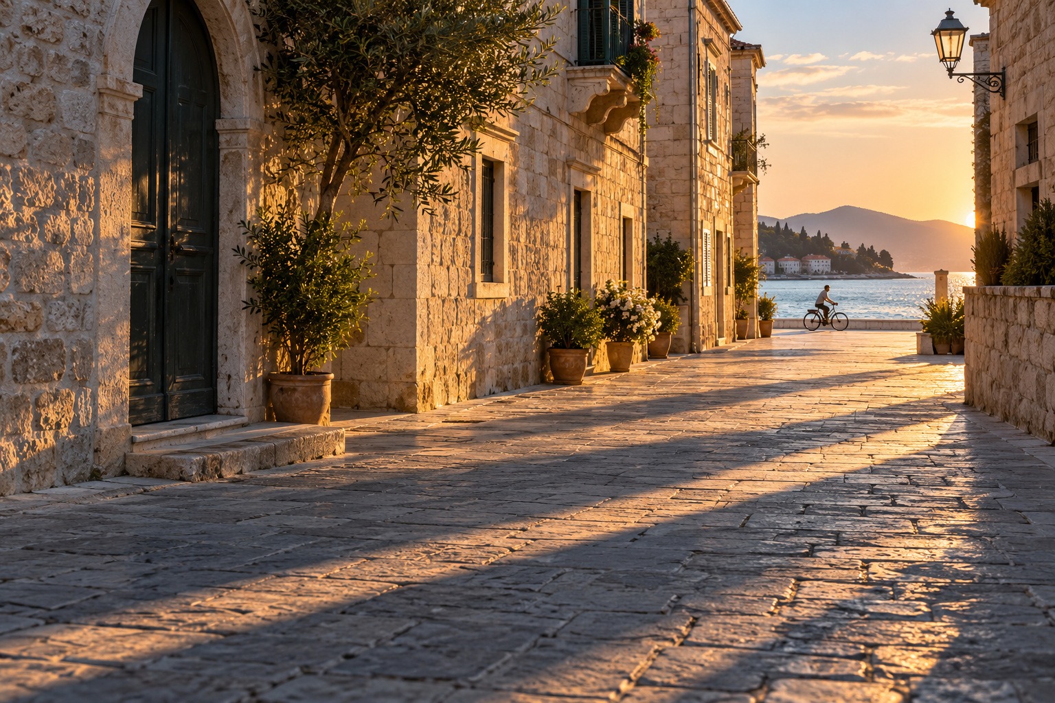 Low warm light grazes a stone street while long shadows lead toward a distant cyclist and the sea.