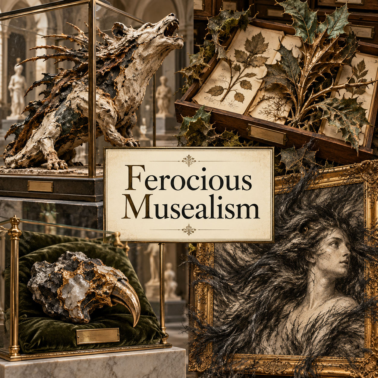 A centered Ferocious Musealism title joins an imagined museum beast, thorny specimen, mineral claw and charcoal creature.