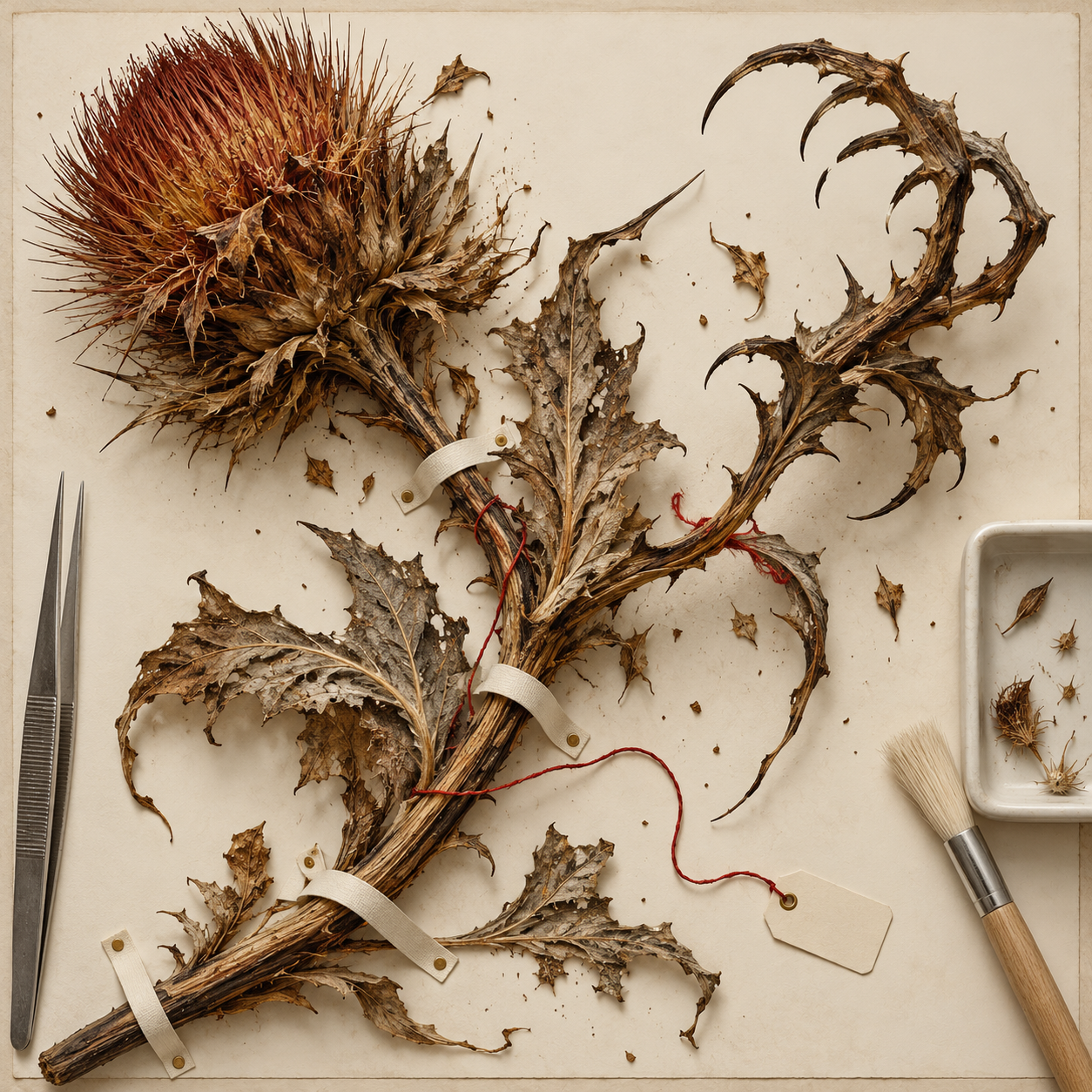 A dried thistle-like specimen forms a hooked claw across archival board, held by white ties and a red thread.