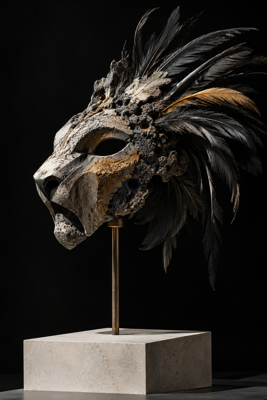 An imagined porous stone animal mask erupts into black and ochre feathers above a narrow museum support.
