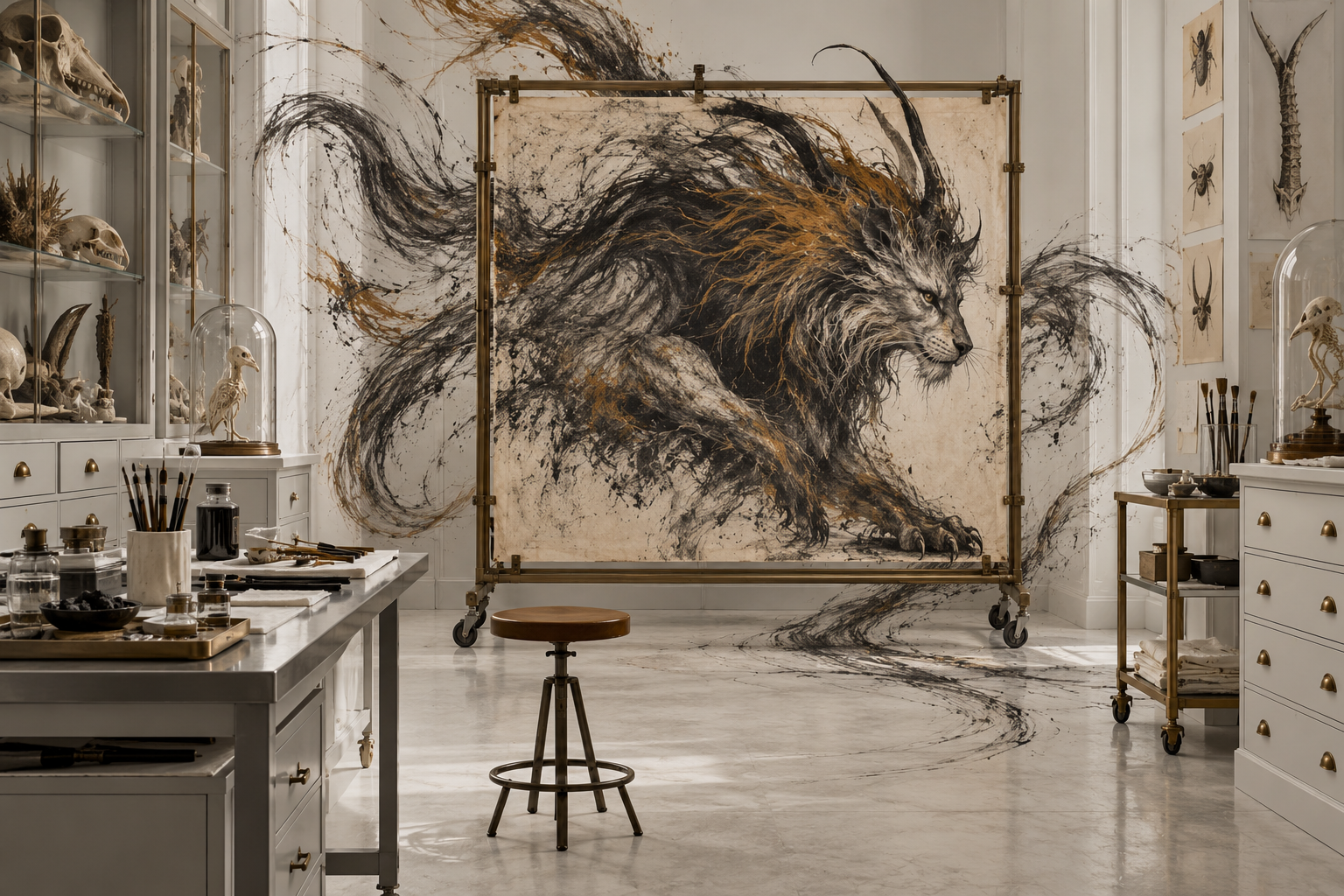Charcoal strokes from a framed imaginary beast spread into a bright conservation laboratory.