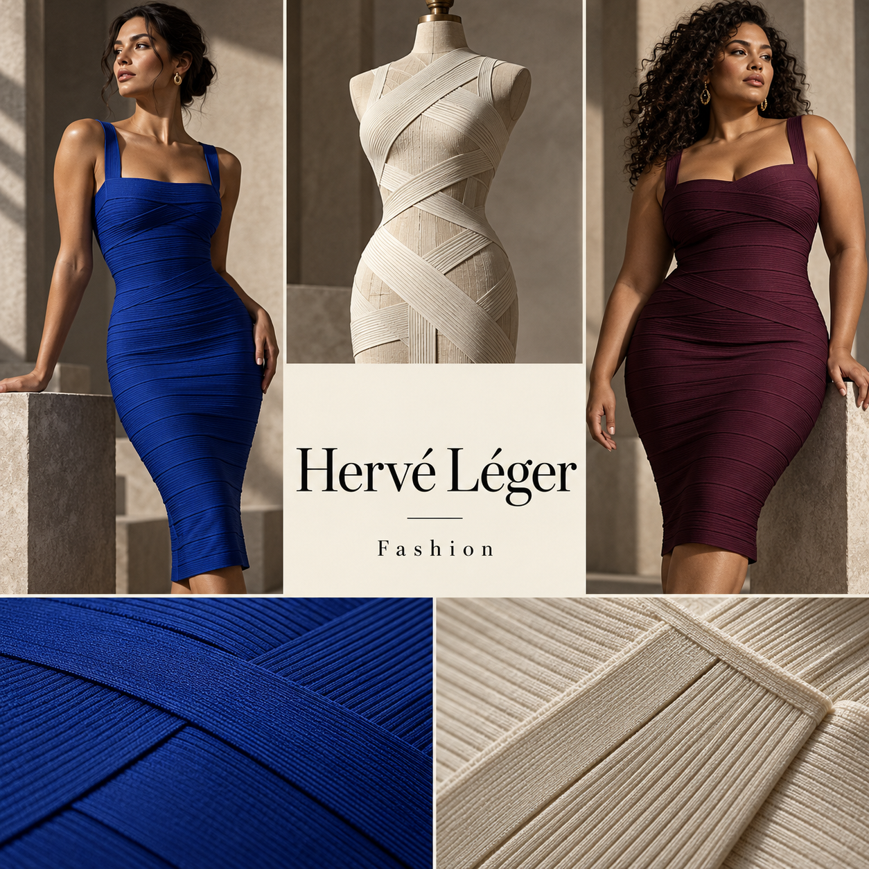 The centered Hervé Léger Fashion title joins cobalt and plum dresses, an ivory dress form and knitted band details.