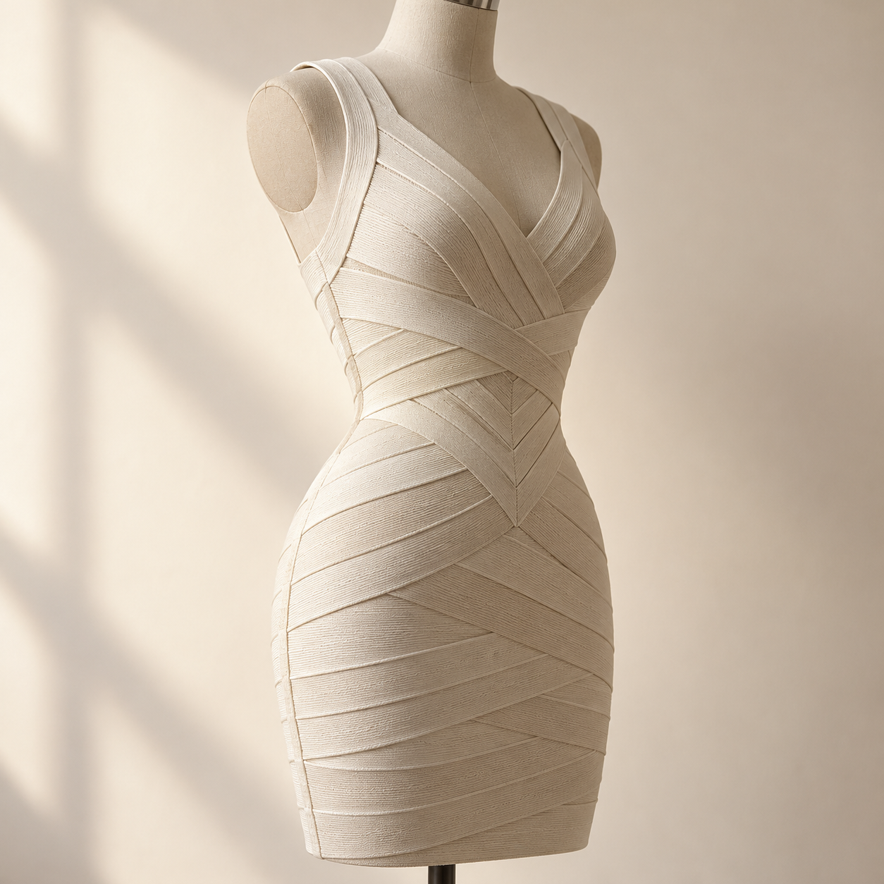 Ivory knitted bands form a chevron around a fitted dress on a neutral dress form.