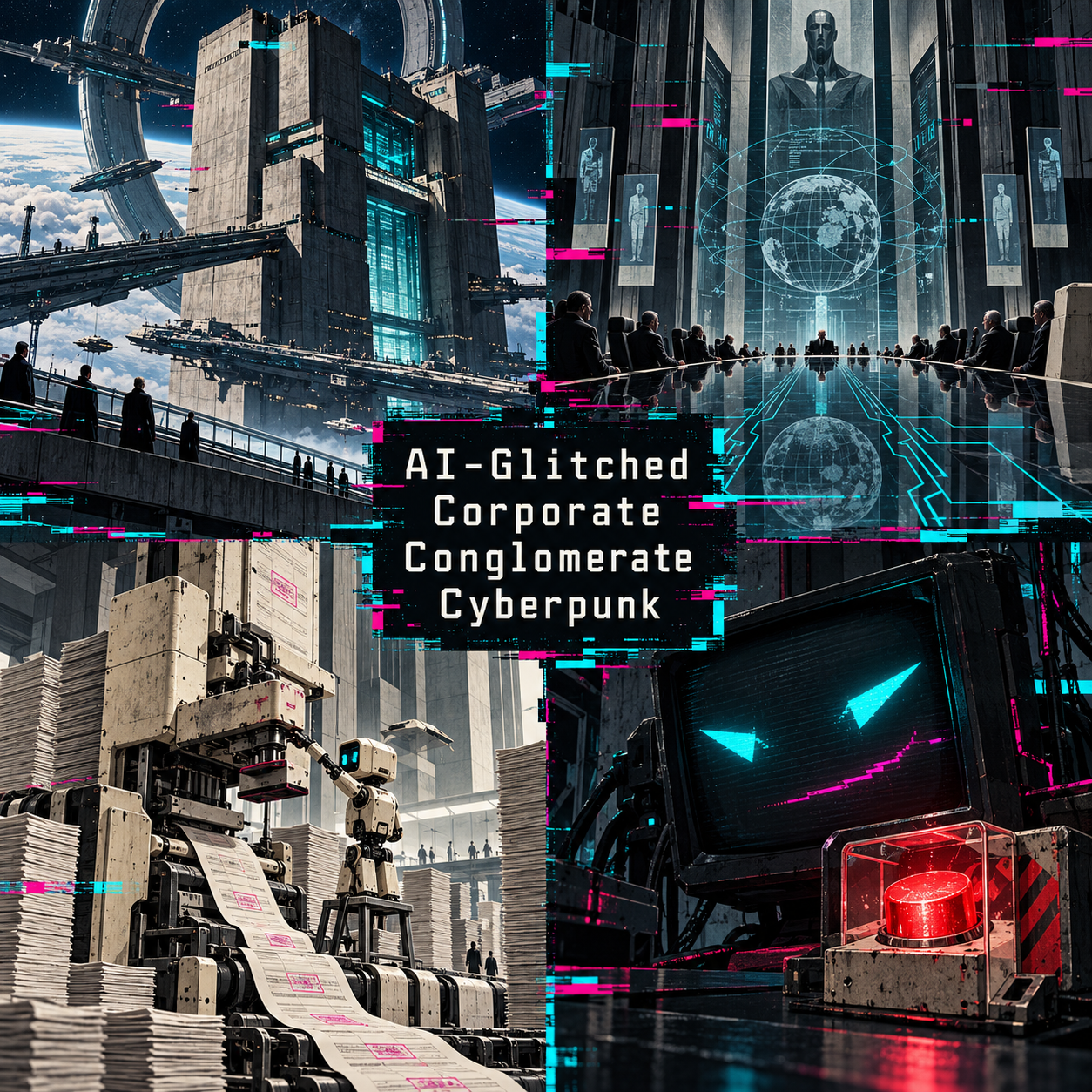 Centrally titled AI-Glitched Corporate Conglomerate Cyberpunk collage combining orbital offices, a boardroom, automated paperwork and a CRT face.