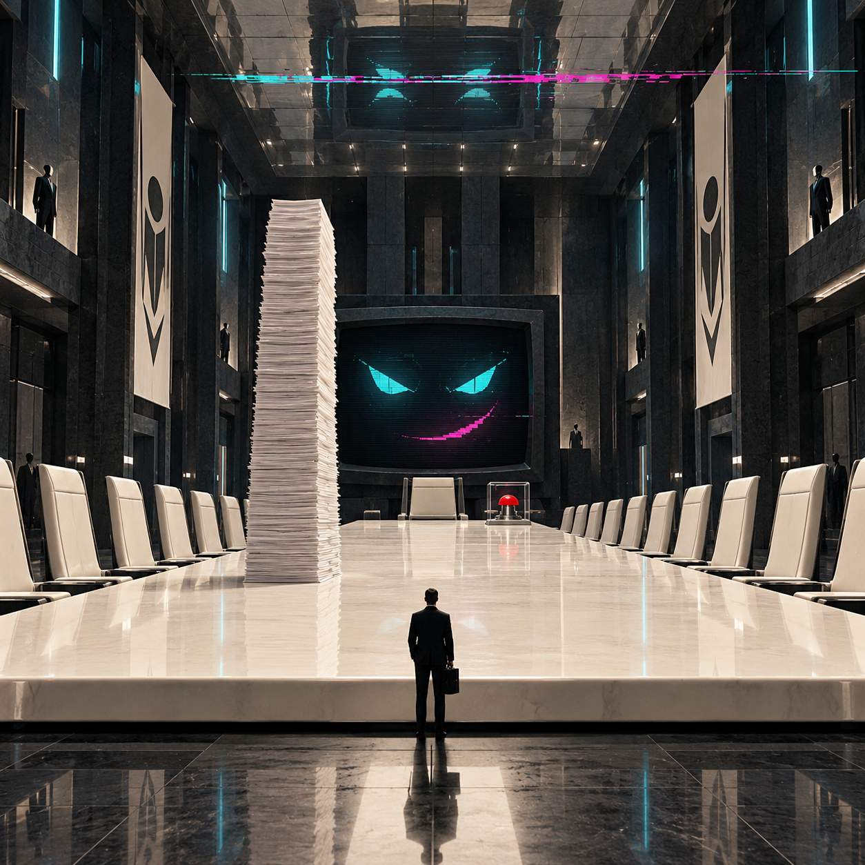 A lone executive faces a monumental ivory table, towering paper stack and watchful CRT in a dark corporate boardroom.