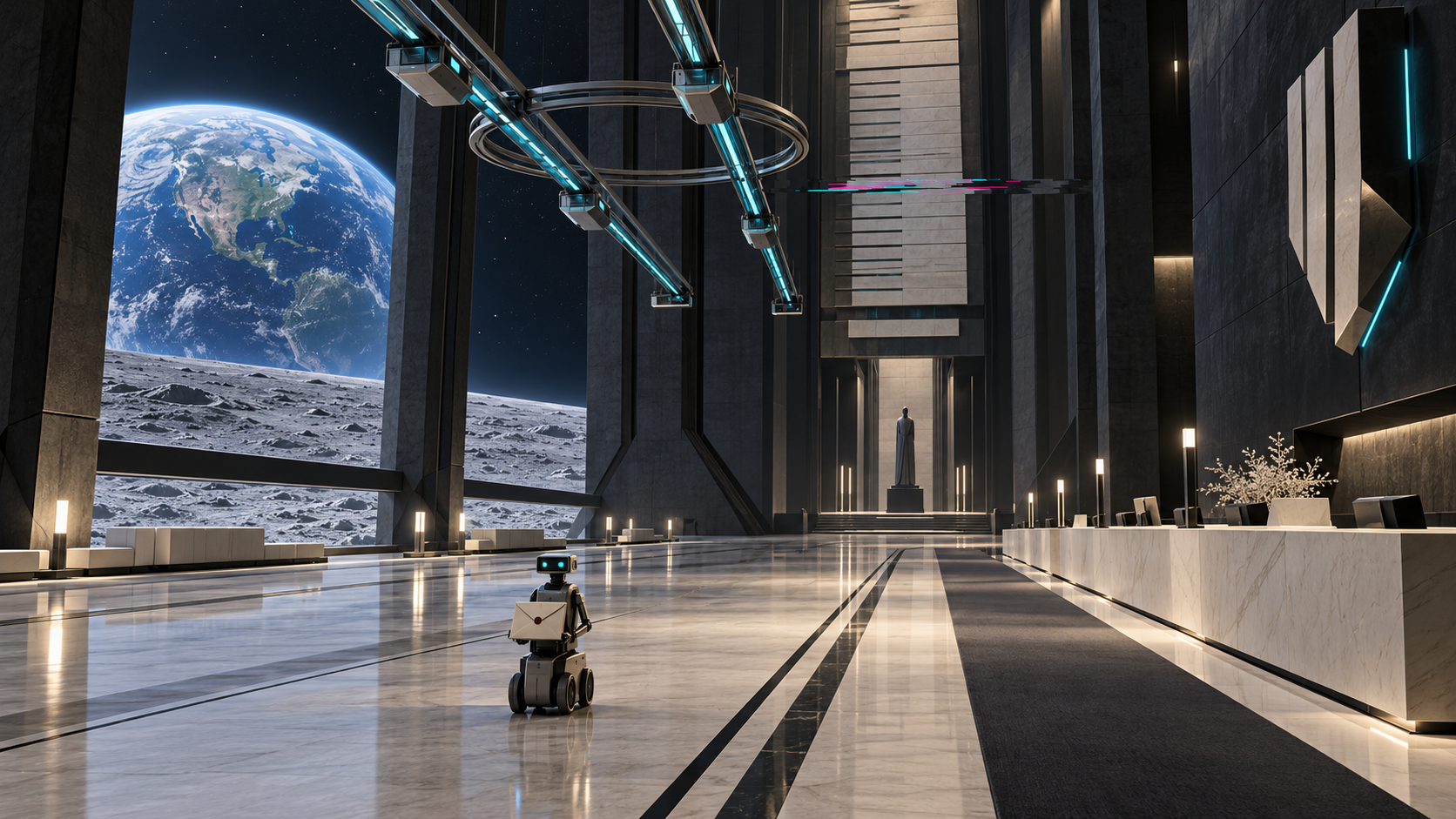 A small robot carries an envelope through an immense lunar atrium beneath overhead courier rails, with Earth outside.