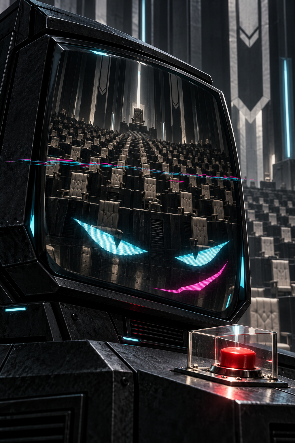Cyan-eyed CRT with a magenta smirk and reflected ranks of empty executive chairs beside a glass-covered red button.
