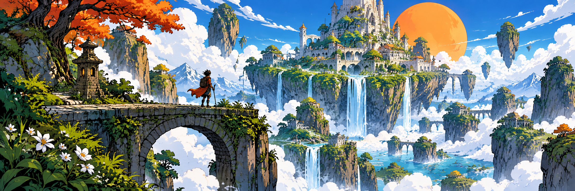 A small traveler on a stone bridge faces floating green mountains, waterfalls and a huge orange sun in a vivid illustrated panorama.
