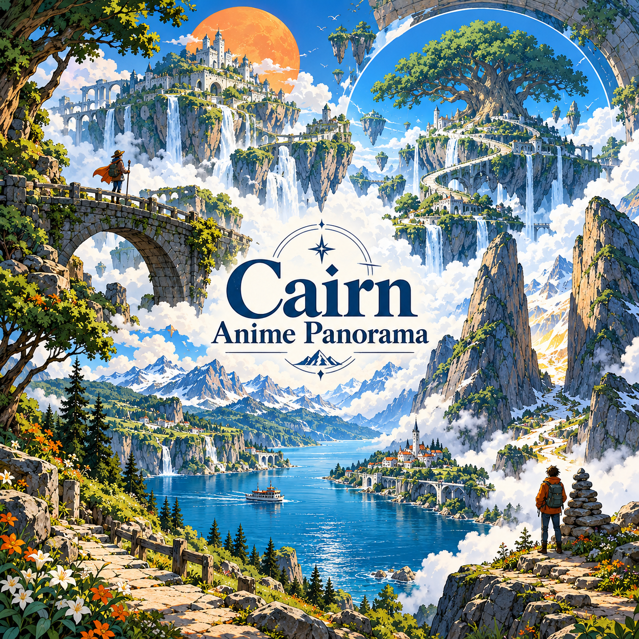 Cairn Anime Panorama title centered among illustrated floating islands, a great tree, mountain traveler and alpine lake.