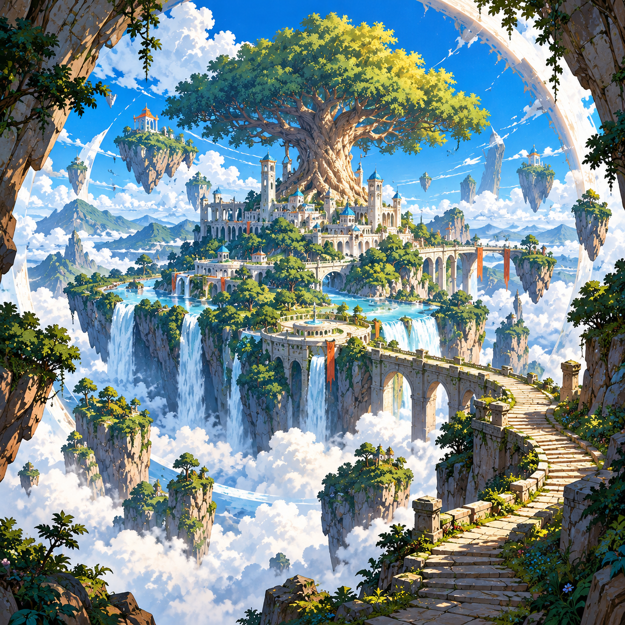A winding stone approach leads to a floating terraced island crowned by a great tree, surrounded by waterfalls and clouds.