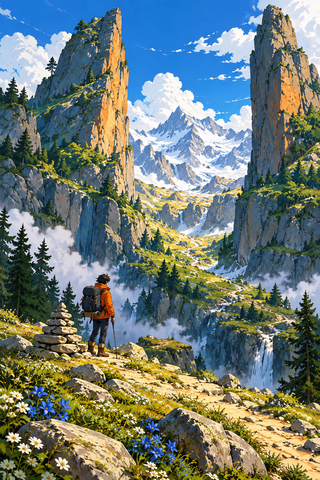 An orange-clad traveler stands beside a cairn between two immense rock fins overlooking a sunlit mountain pass.