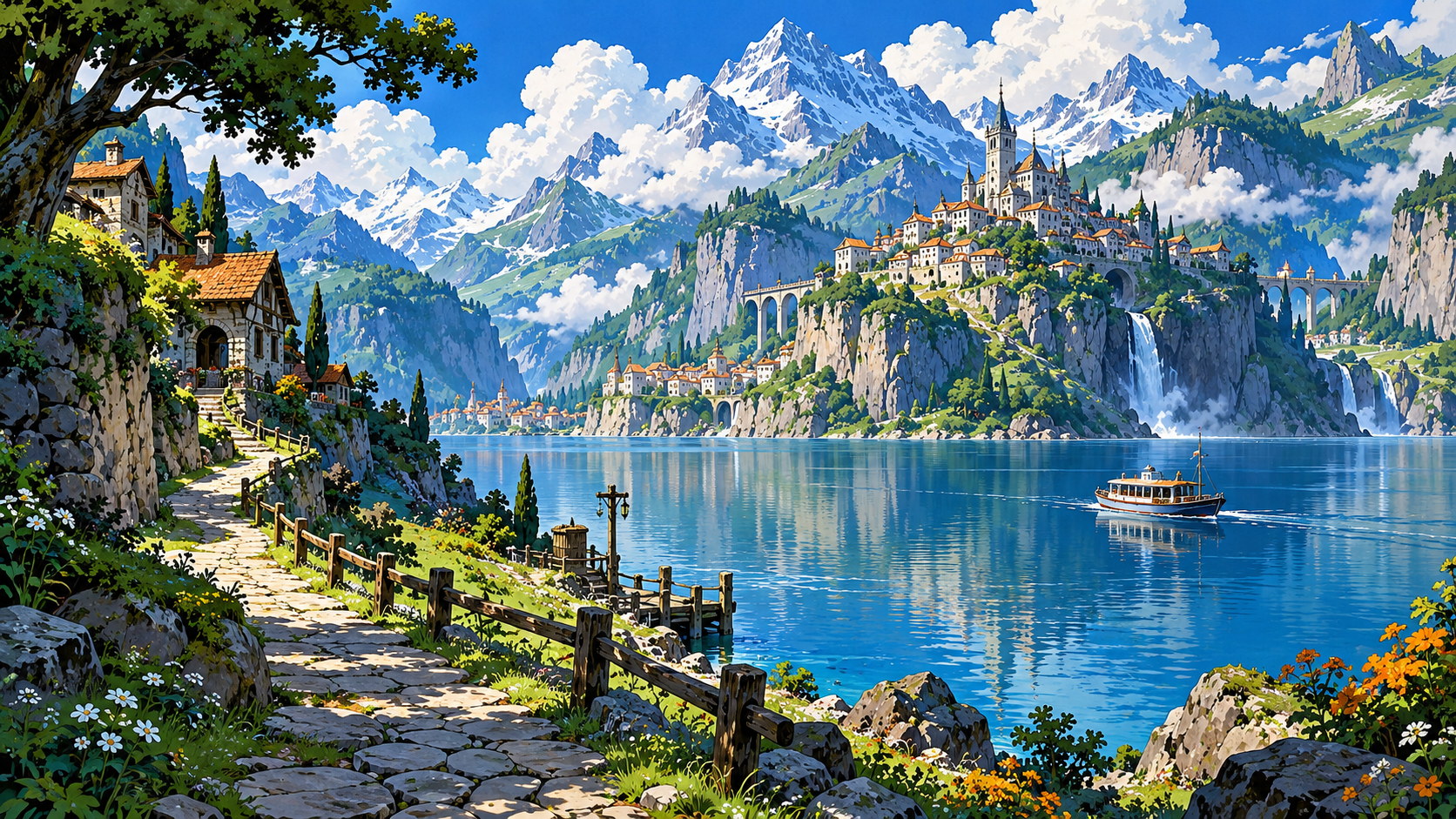 A small ferry crosses a blue alpine lake between a foreground stone path and a distant cliffside town.