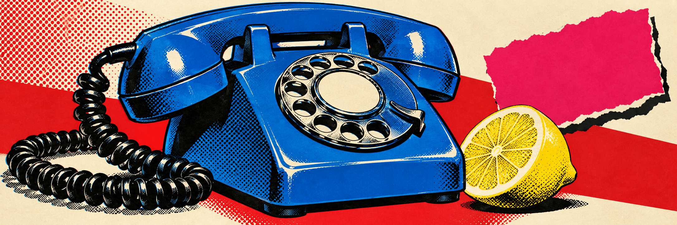A blue rotary telephone and its curling cord dominate a cream, red and yellow graphic composition.