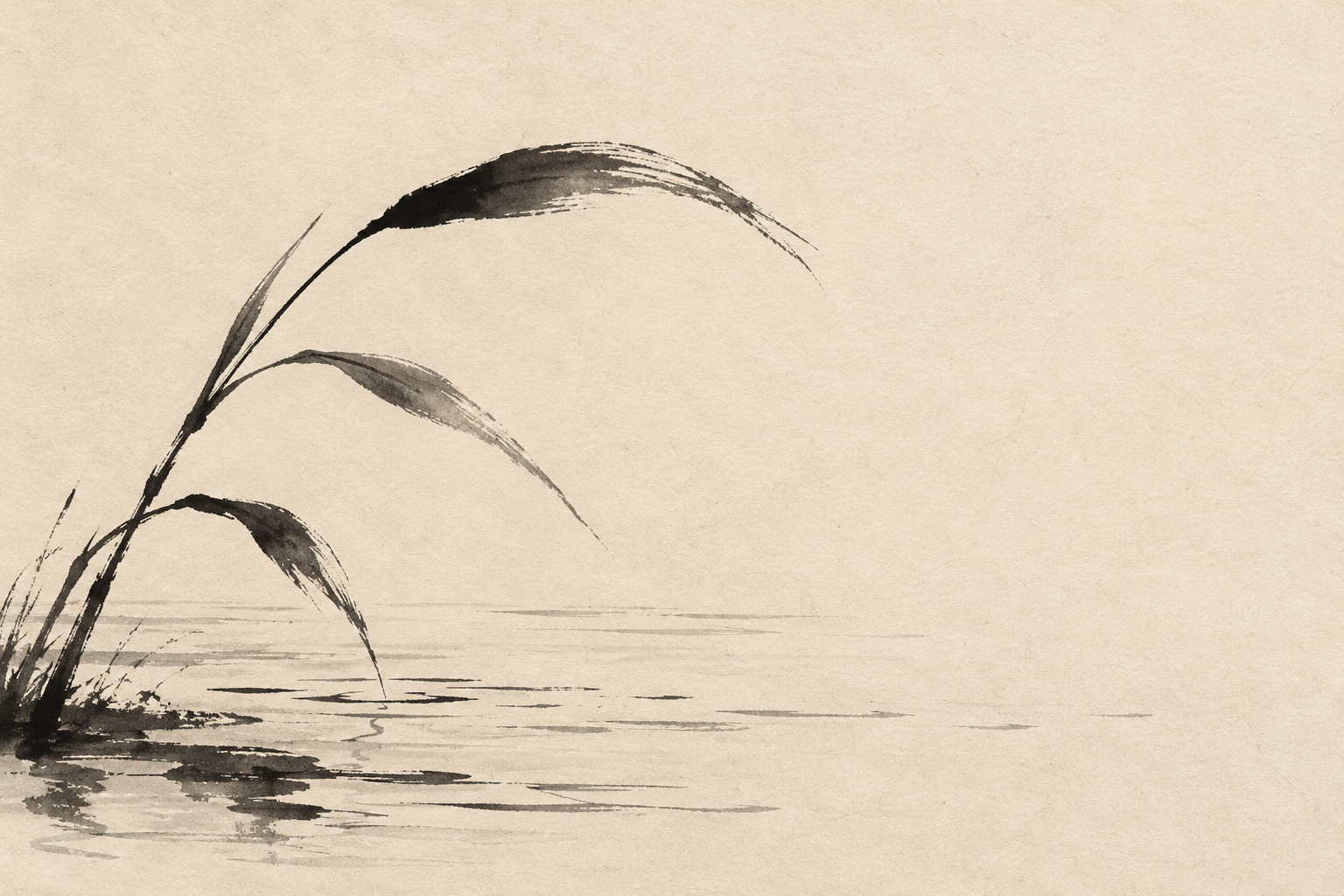 AI-generated ink study of a leaning reed beside lightly marked water, with a broad unmarked paper field.
