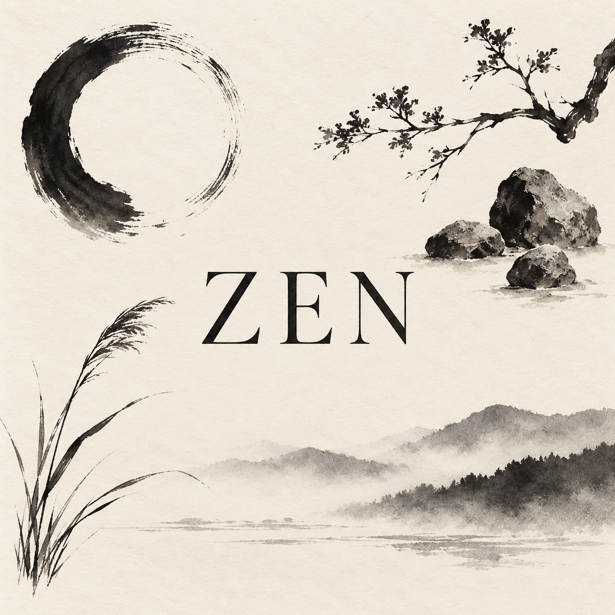 AI-generated collage with the centered title ZEN, brush circle, stones, branch, reed and misty ridge; contemporary interpretations, not historical religious works.