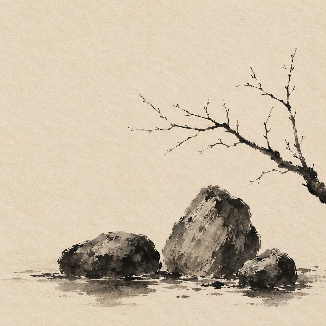 AI-generated ink interpretation of three uneven stones and an approaching branch.