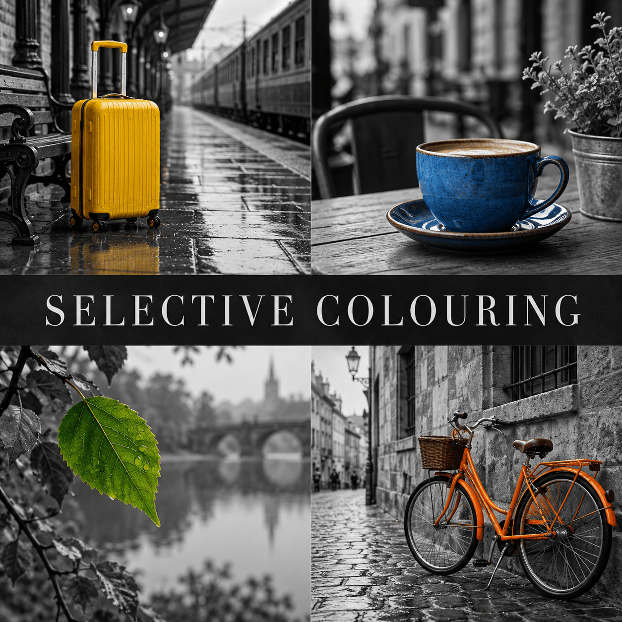 AI-generated SELECTIVE COLOURING collage: suitcase, cup, leaf and bicycle retain color within monochrome scenes.