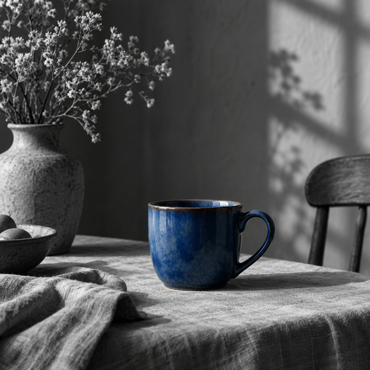 AI-generated blue ceramic cup against a grayscale table and room.