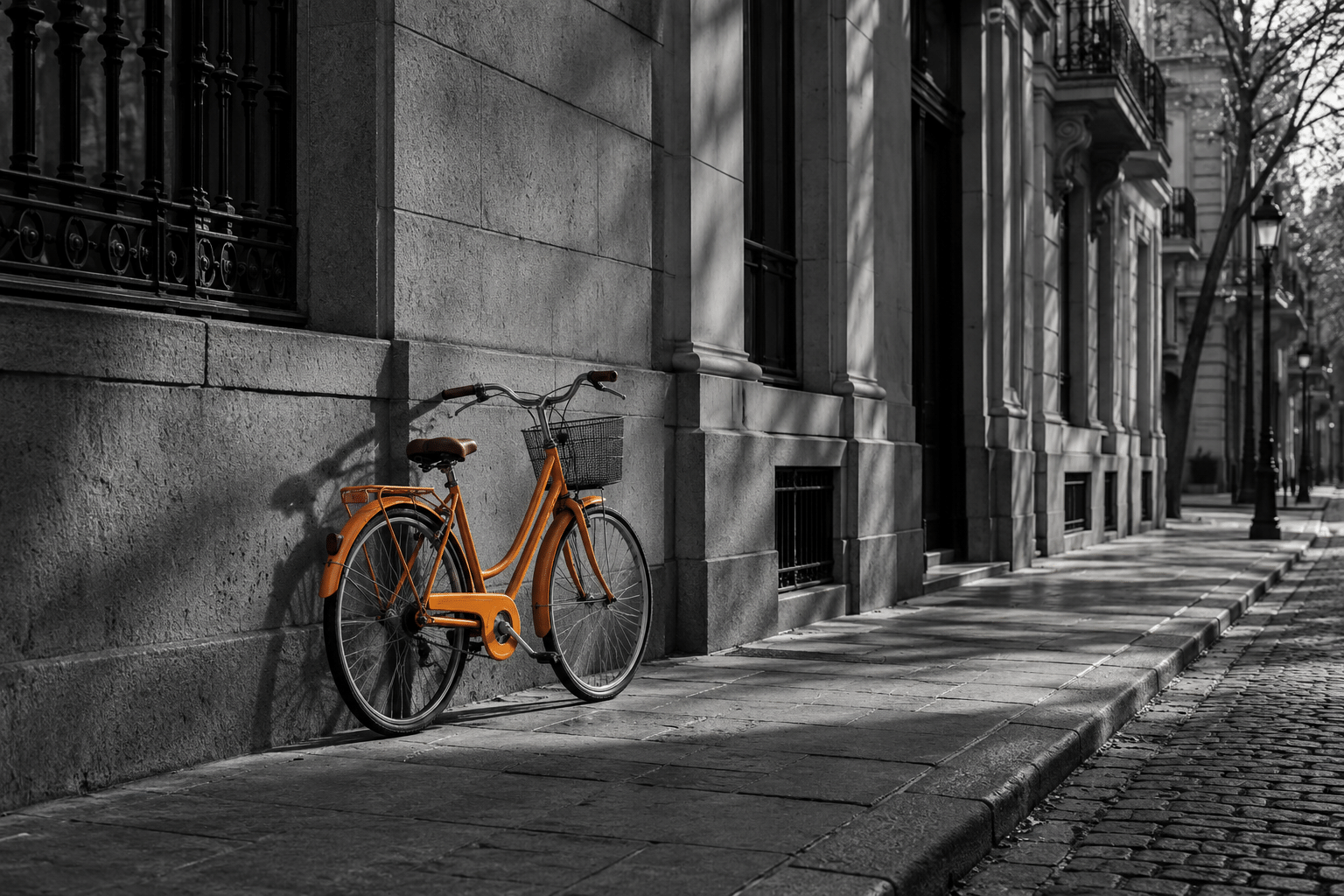 AI-generated orange bicycle against a monochrome street.