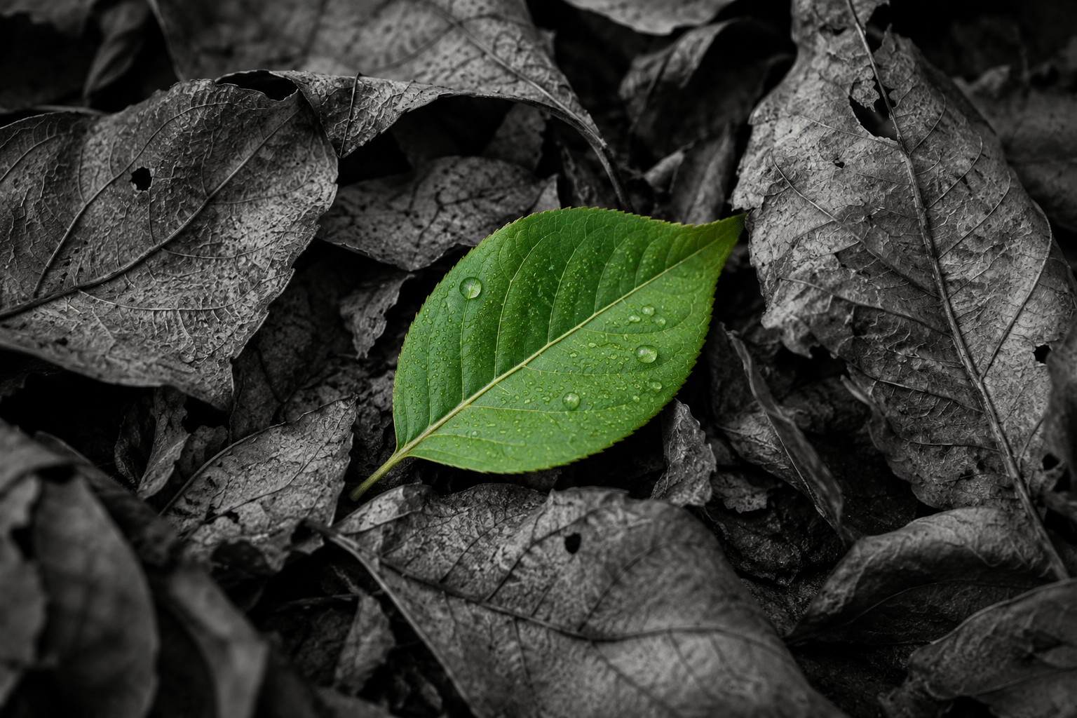 AI-generated green leaf among grayscale dried leaves.