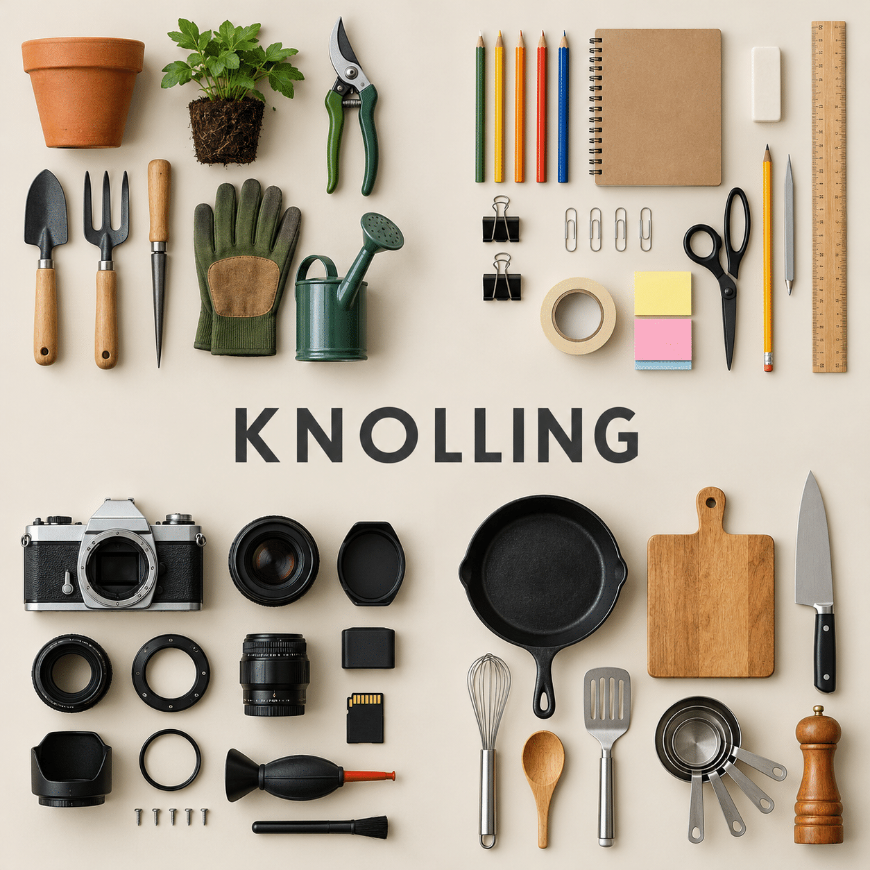 AI-generated KNOLLING collage with centrally titled groups of gardening, stationery, camera and kitchen objects.
