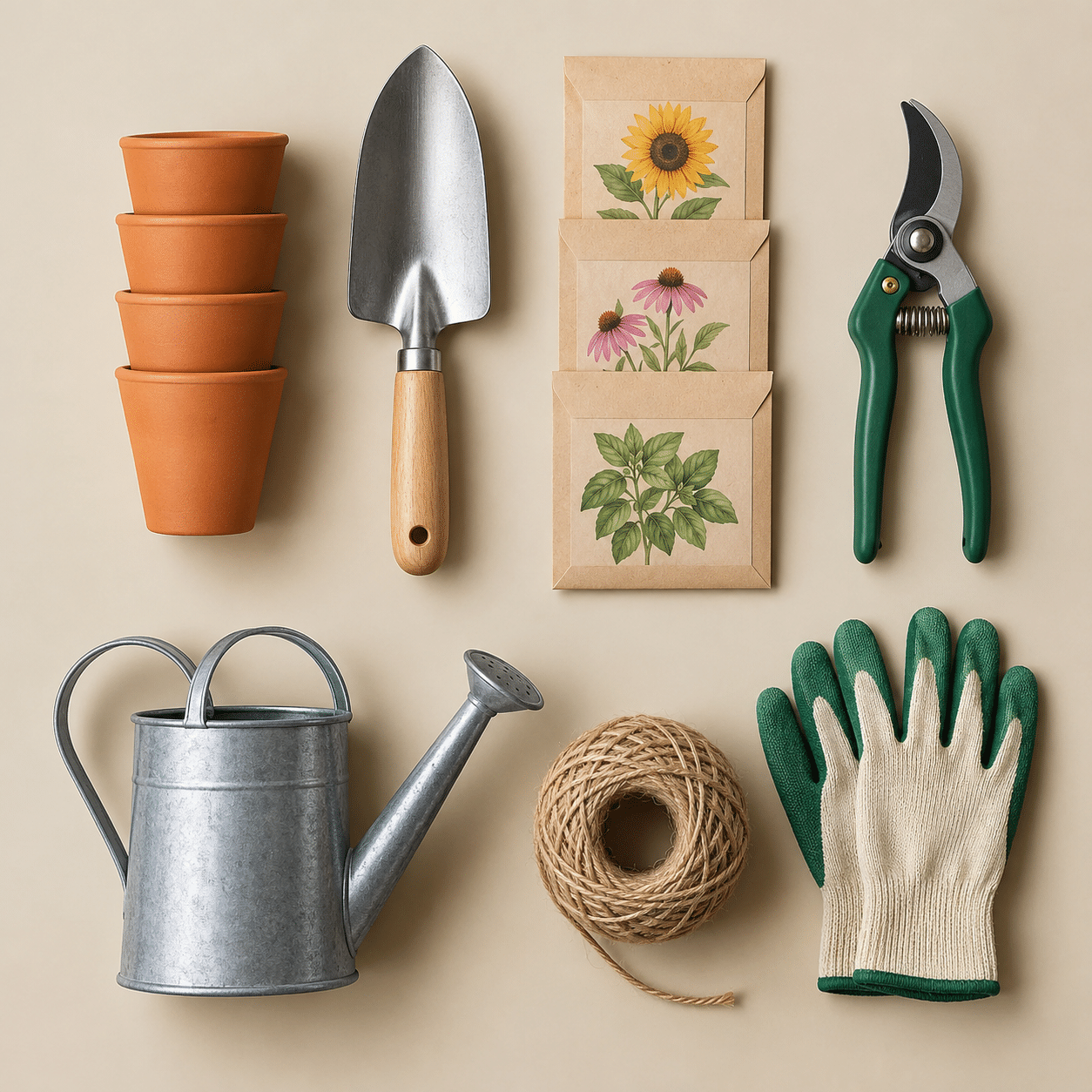 AI-generated gardening collection organized in rows; nested pots and grouped packets are treated as units.