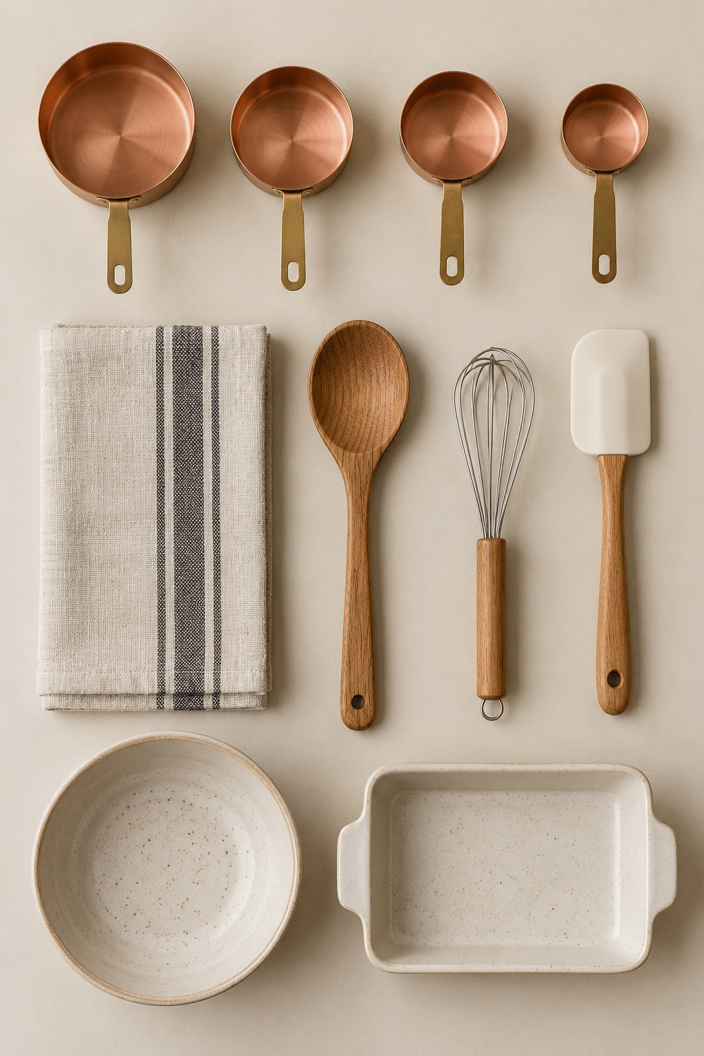 AI-generated kitchen utensils and dishes arranged in a clear orthogonal field.