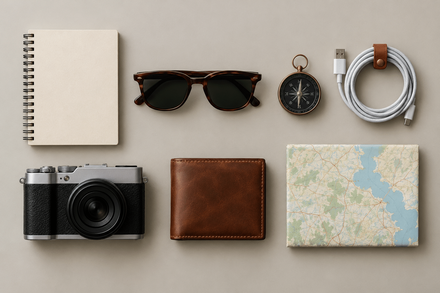 AI-generated travel kit with separated camera, notebook, wallet and map.