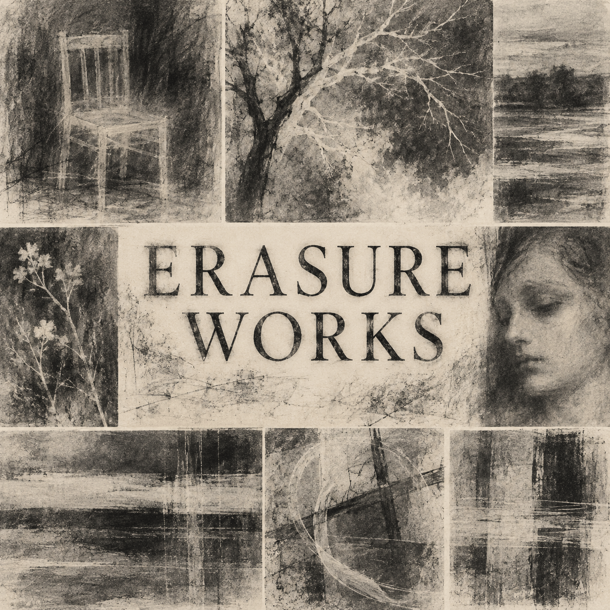 AI-generated ERASURE WORKS collage with centered title, ghost contours and rubbed passages.
