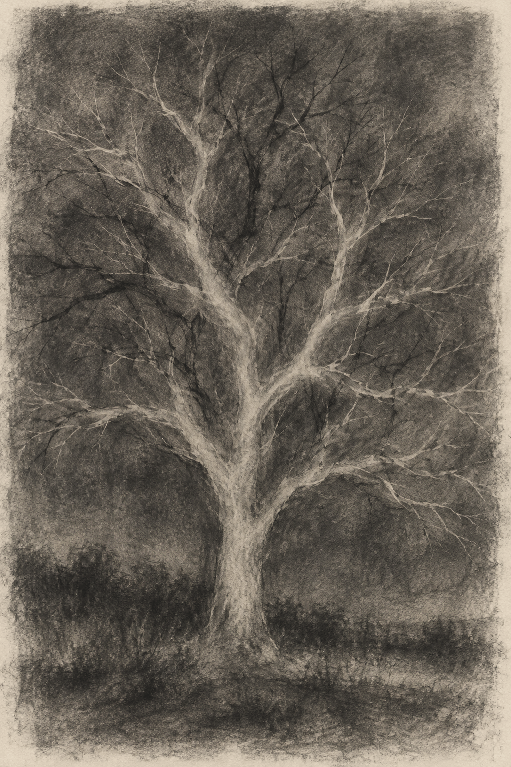 AI-generated tree study with pale branching forms and residual dark contours.