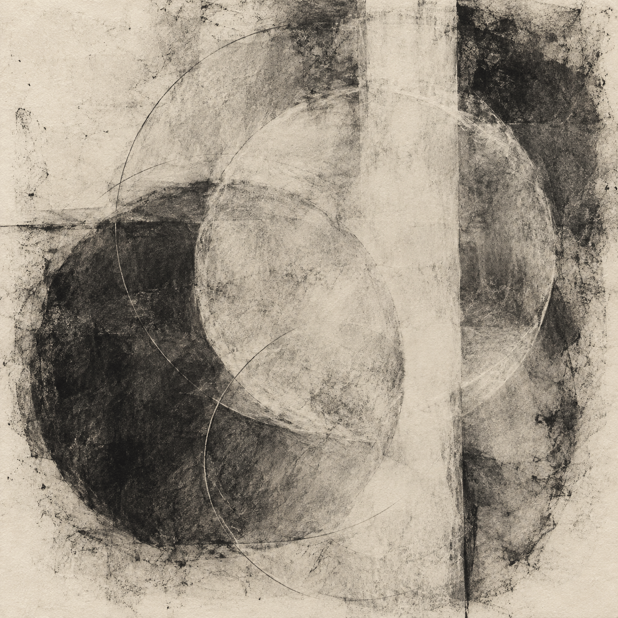 AI-generated abstract charcoal study with overlapping circles and a lifted pale band.
