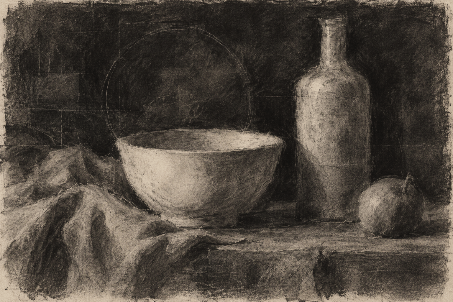 AI-generated still life with bowl and bottle emerging from a rubbed charcoal field.