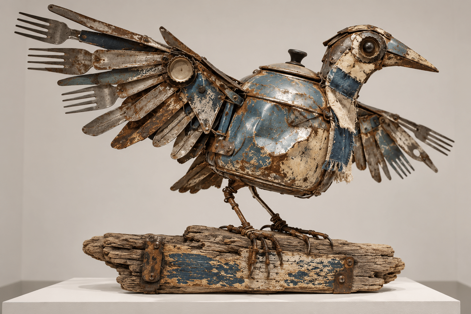 AI-generated assemblage concept of a bird made from a kettle-like body and worn metal fragments.