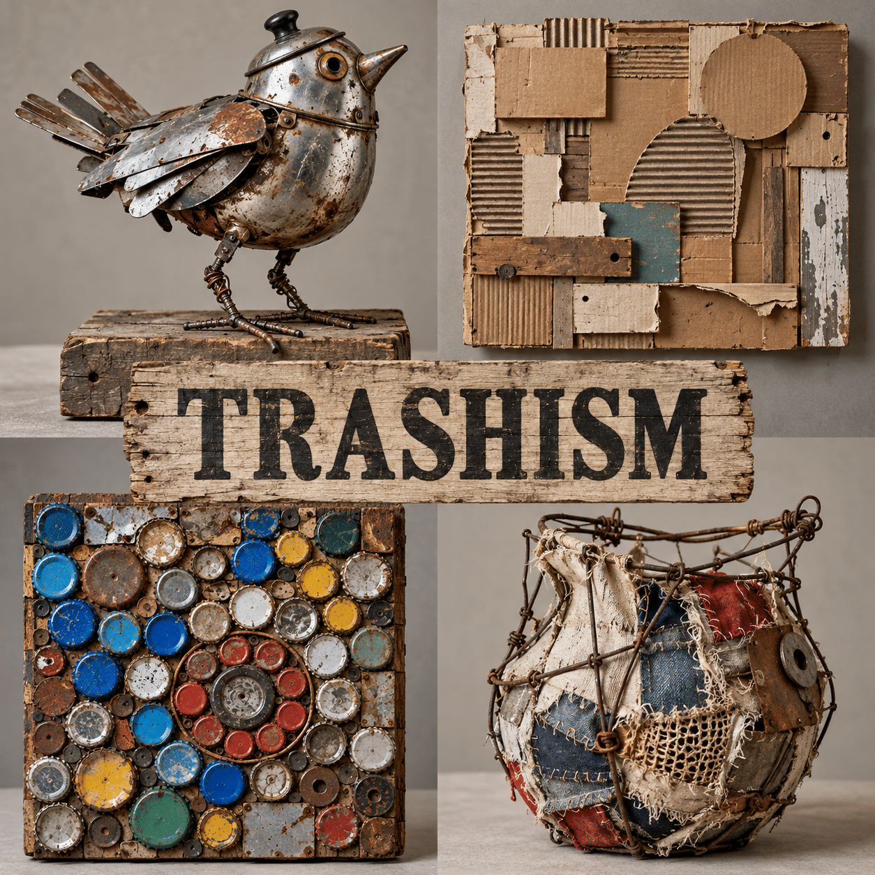 AI-generated TRASHISM collage with centered title and bird, relief, mosaic and vessel concepts.