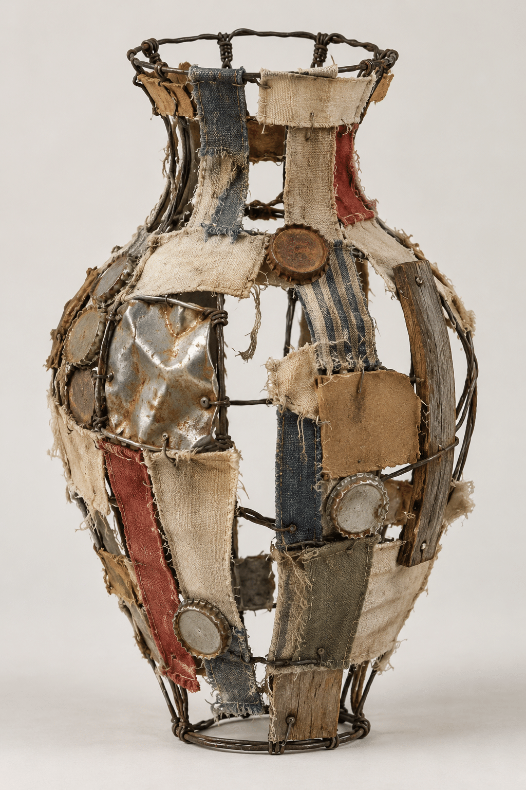 AI-generated open vessel concept using frayed fabric, wire and worn fragments.