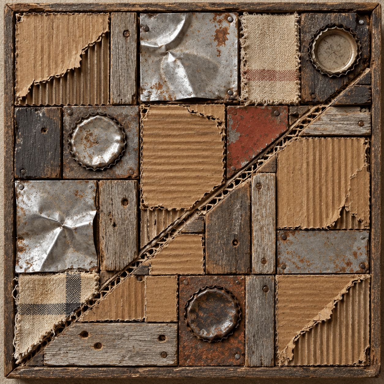 AI-generated geometric relief concept of corrugated cardboard, wood, metal and caps.