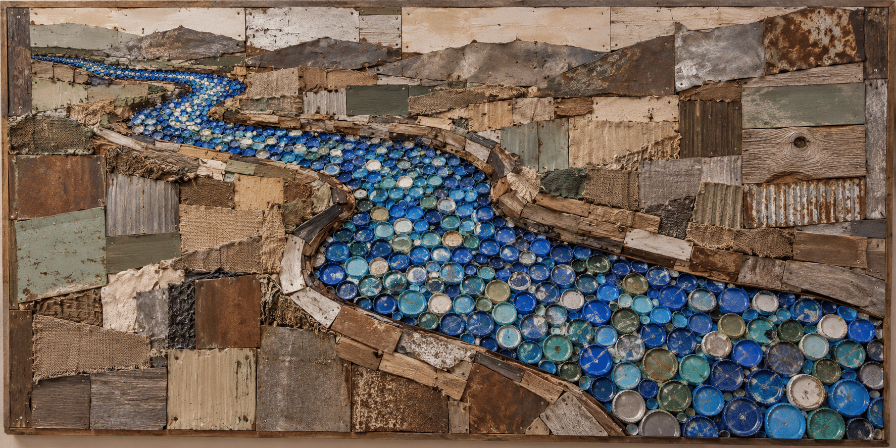 AI-generated river-like bottle-cap mosaic within a field of worn material fragments.