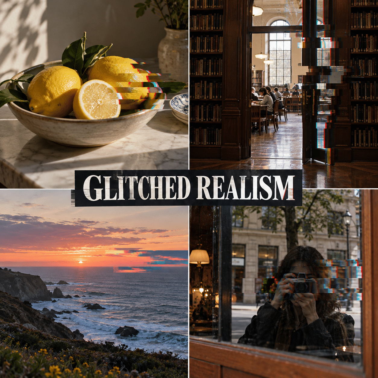 AI-generated GLITCHED REALISM collage with centered title and localized disruptions in four stable scenes.