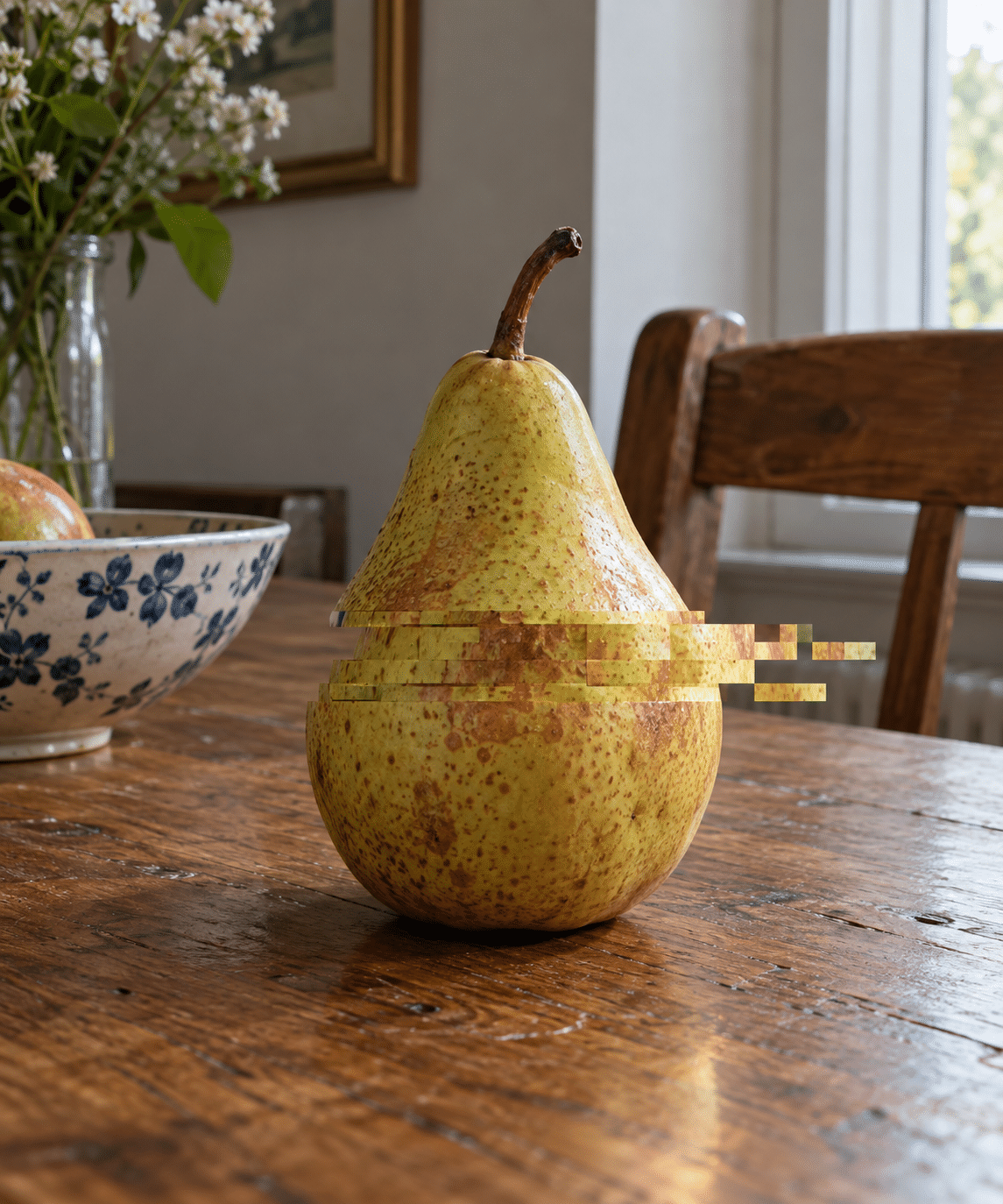 AI-generated pear still life with one displaced horizontal image band.
