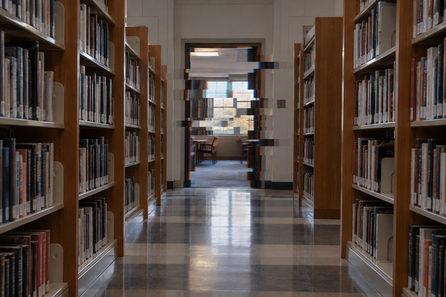 AI-generated library aisle with localized image strips interrupting the doorway.