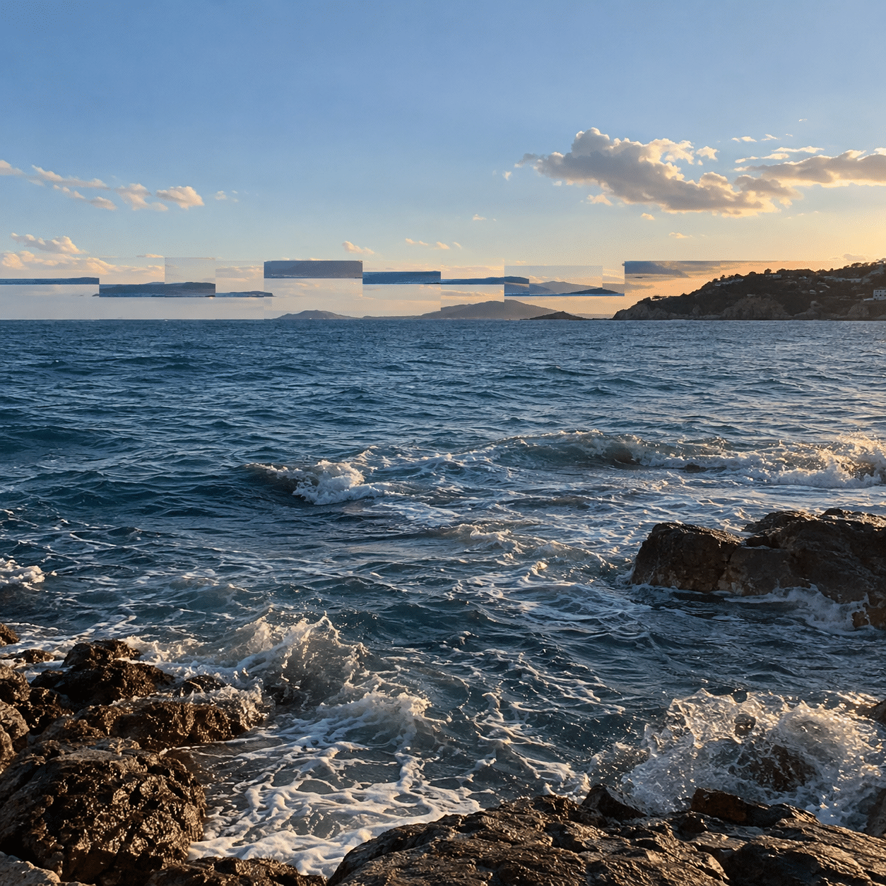 AI-generated coastal scene with a limited band of displaced horizon tiles.